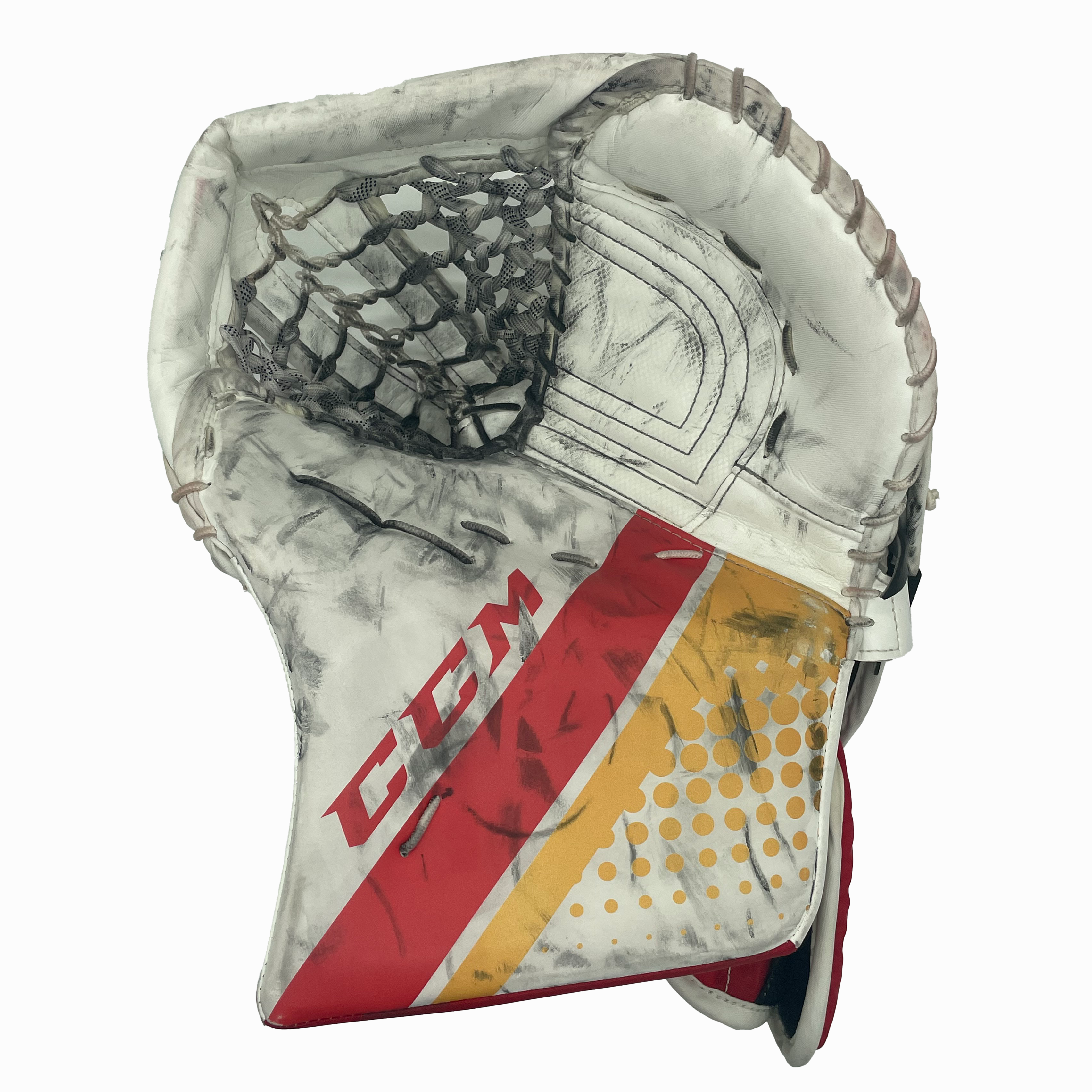 CCM Extreme Flex 5 - Gant de gardien de but Pro Stock d'occasion (jaune/blanc/rouge)